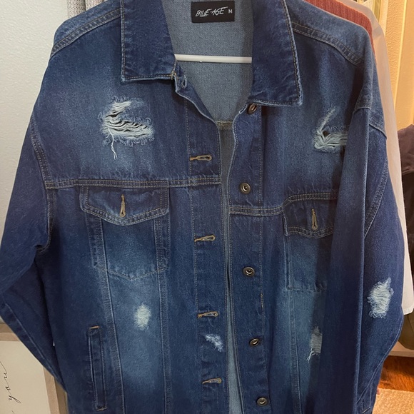 New oversized unisex jean jacket size med. Distressed with evil eye on back - Picture 2 of 3
